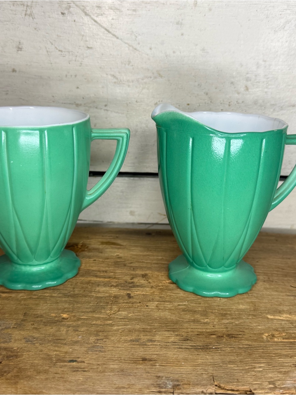 VTG Hazel Atlas Teal Green  Platonite HAIRPIN "NEWPORT" Open Sugar & Creamer